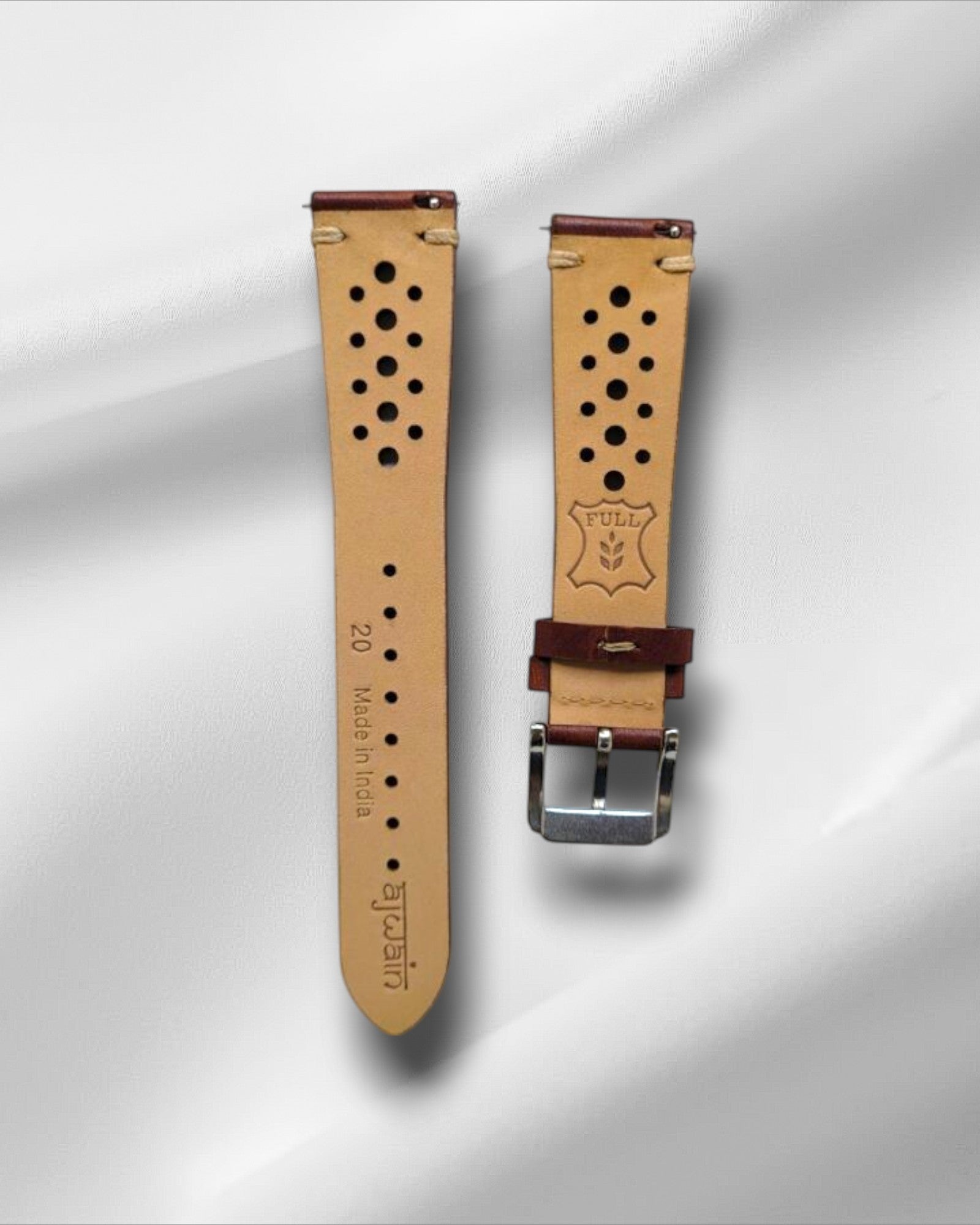 Ajwain Teak Brown, racer watch strap in genuine Italian full grain leather