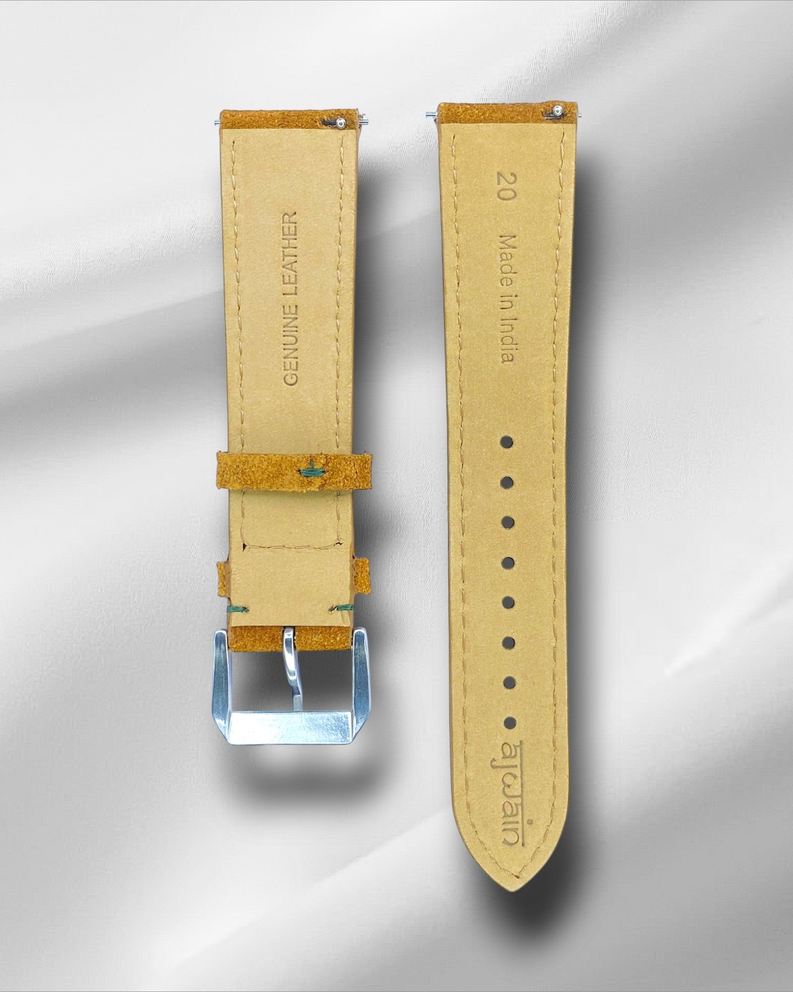 Tan suede strap with green stitching