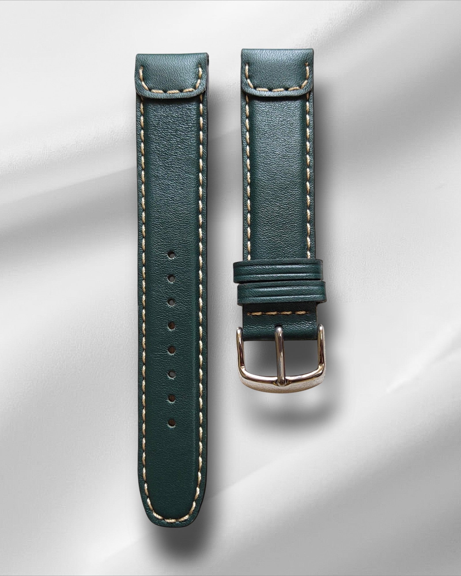 British Green Vintage Style Italian Leather Strap with Cream Stitching