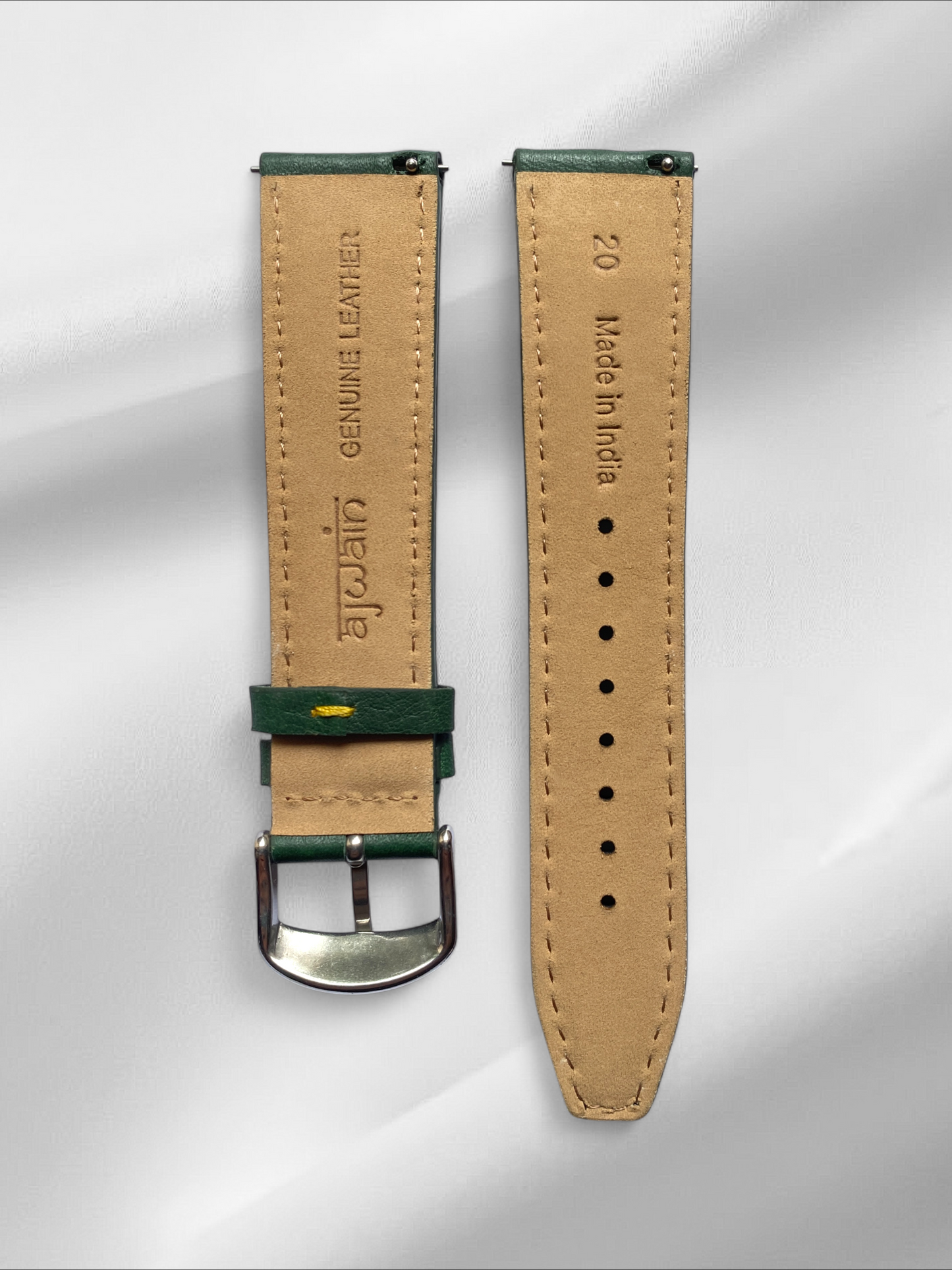 Green bullhide italian leather strap with yellow stitch