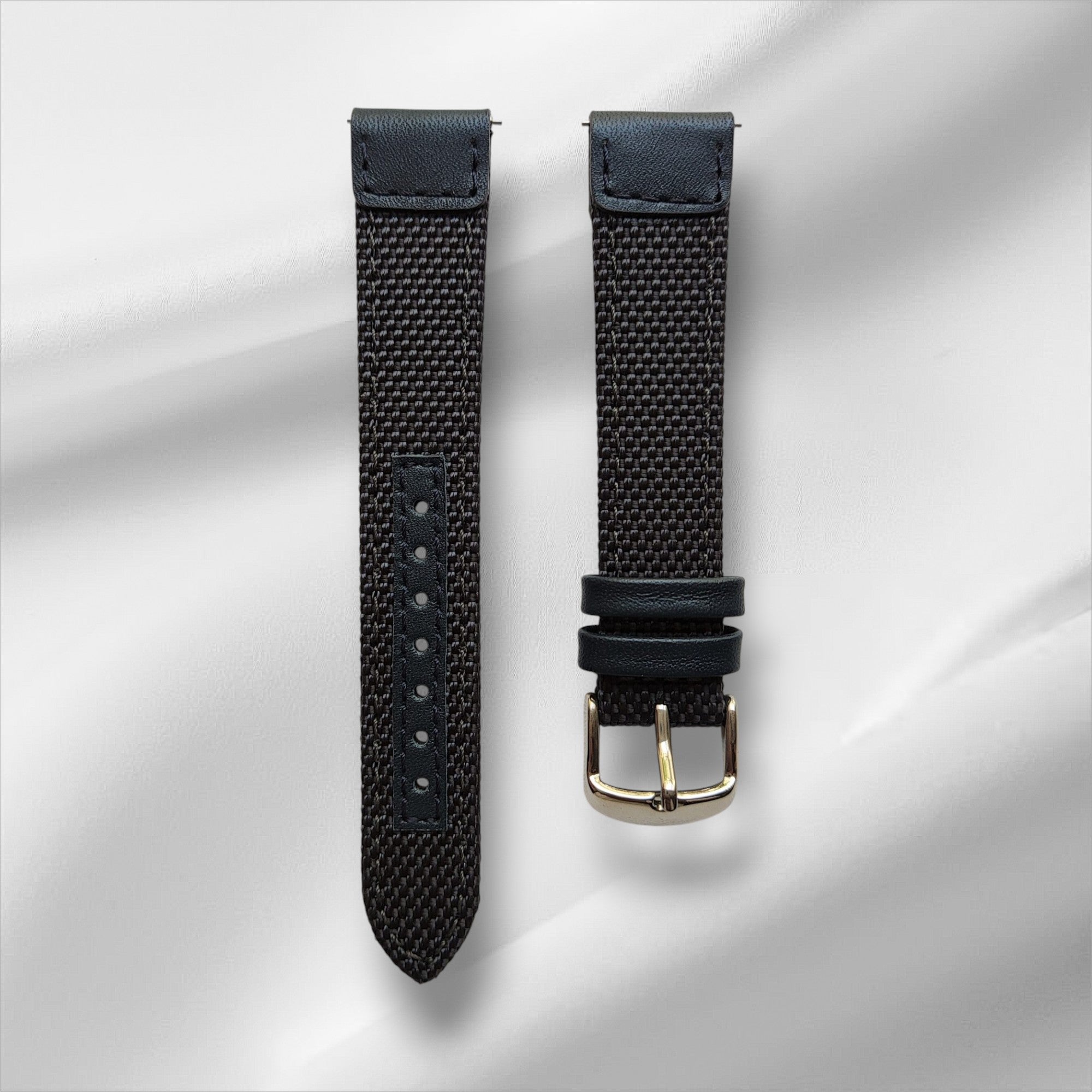 Grey Cordura Watch Strap with Blue Leather Accents and Quick Release Spring Bars