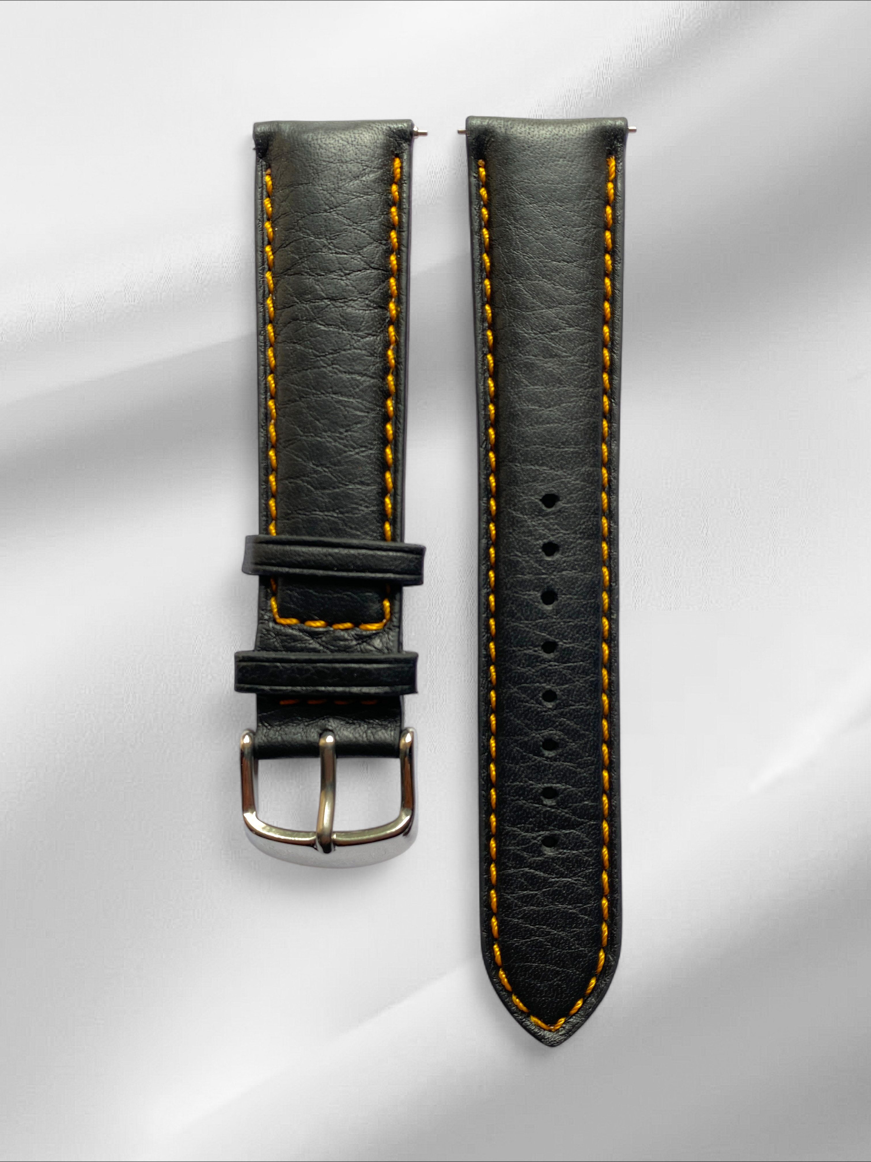Matt Bull, Black Italian Leather with yellow stitching and quick-release spring bars
