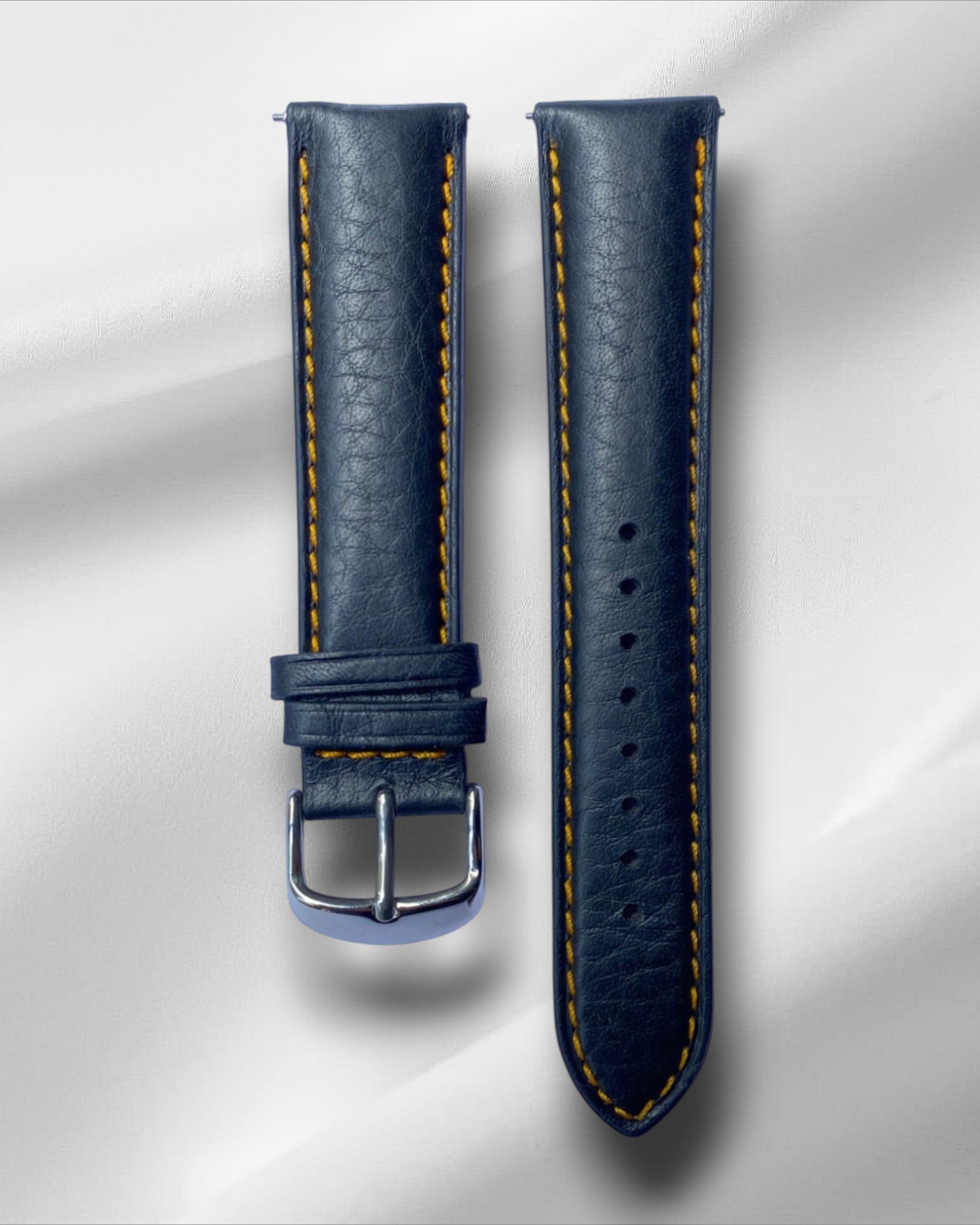 Matt Bull, Black Italian Leather with yellow stitching and quick-release spring bars