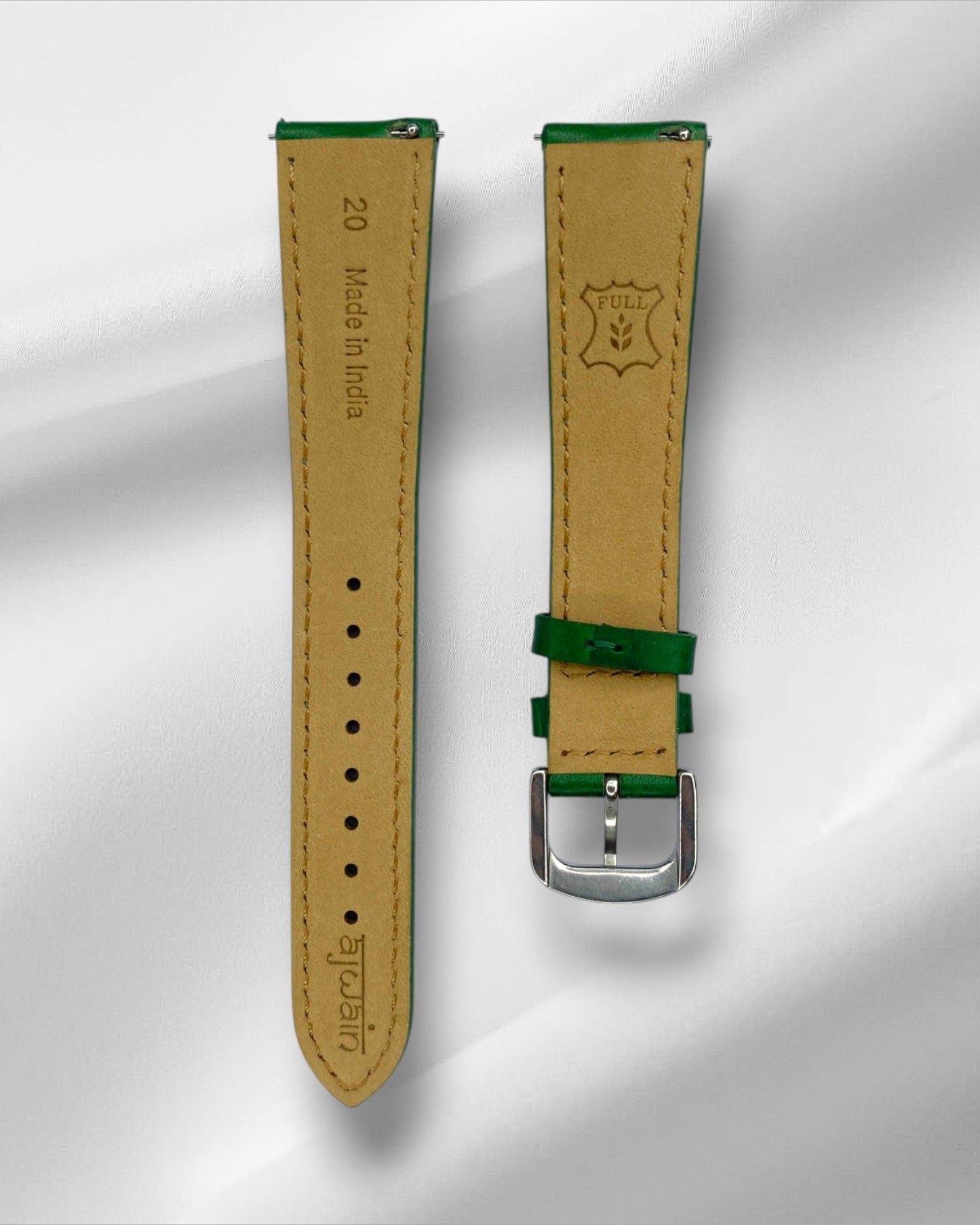 Green Tuscany leather watch strap.