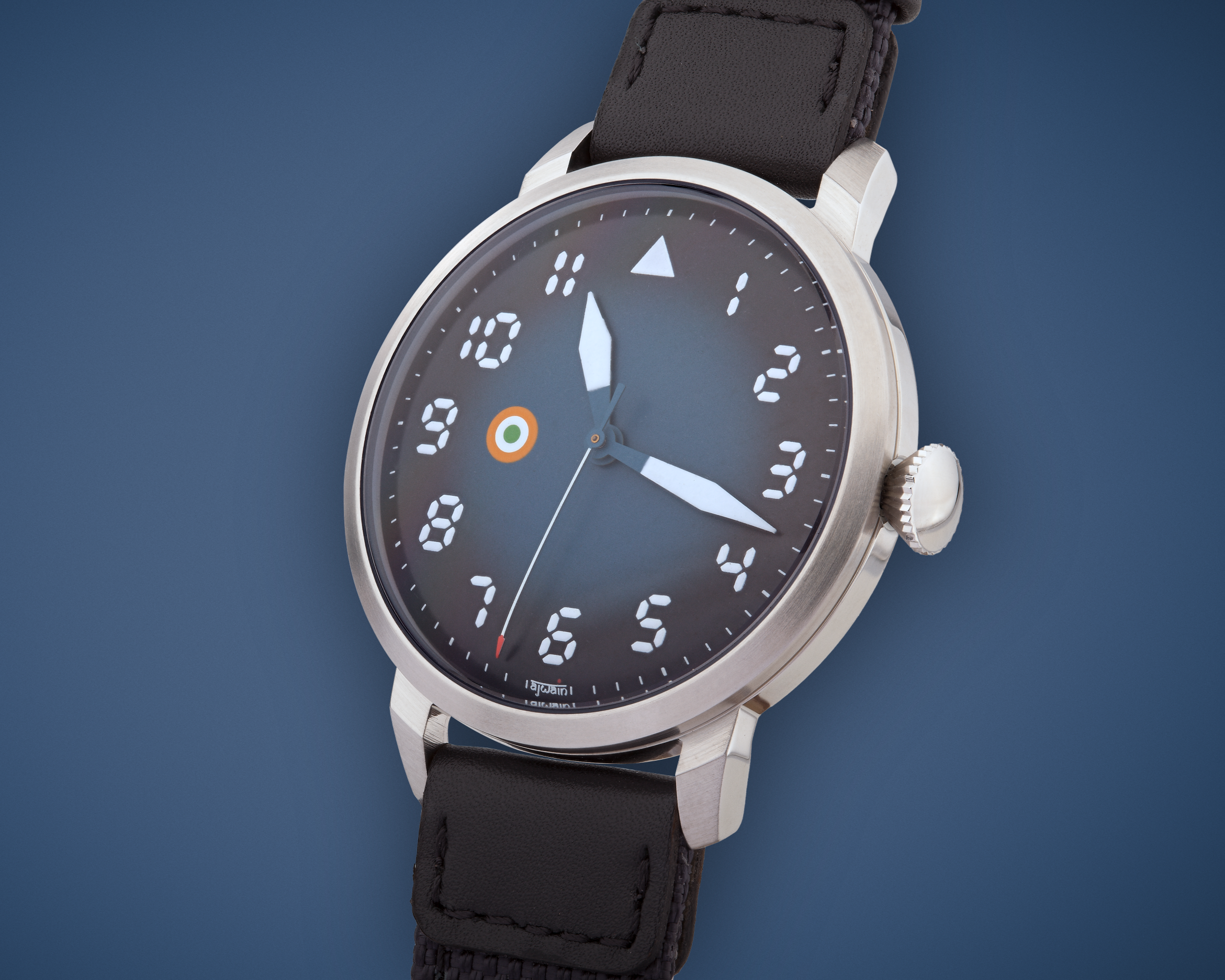 SORTIE watch with striking blue fume gradient dial and premium stainless steel case by Ajwain