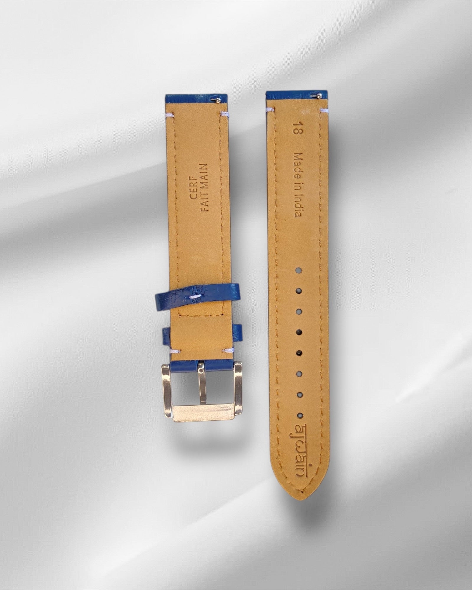 Blue Genuine deerskin strap with white stitch