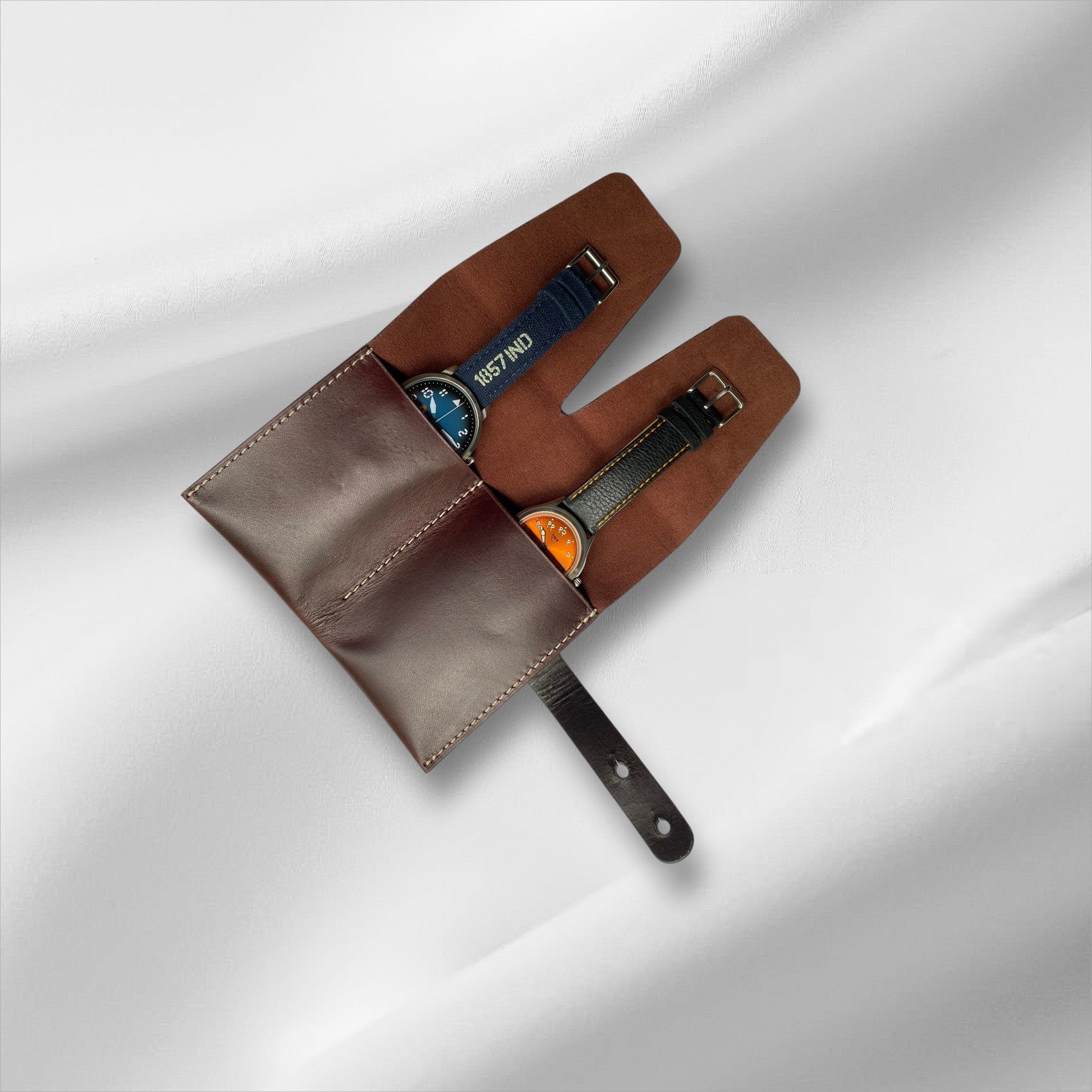 Brown full grain leather double watch pouch