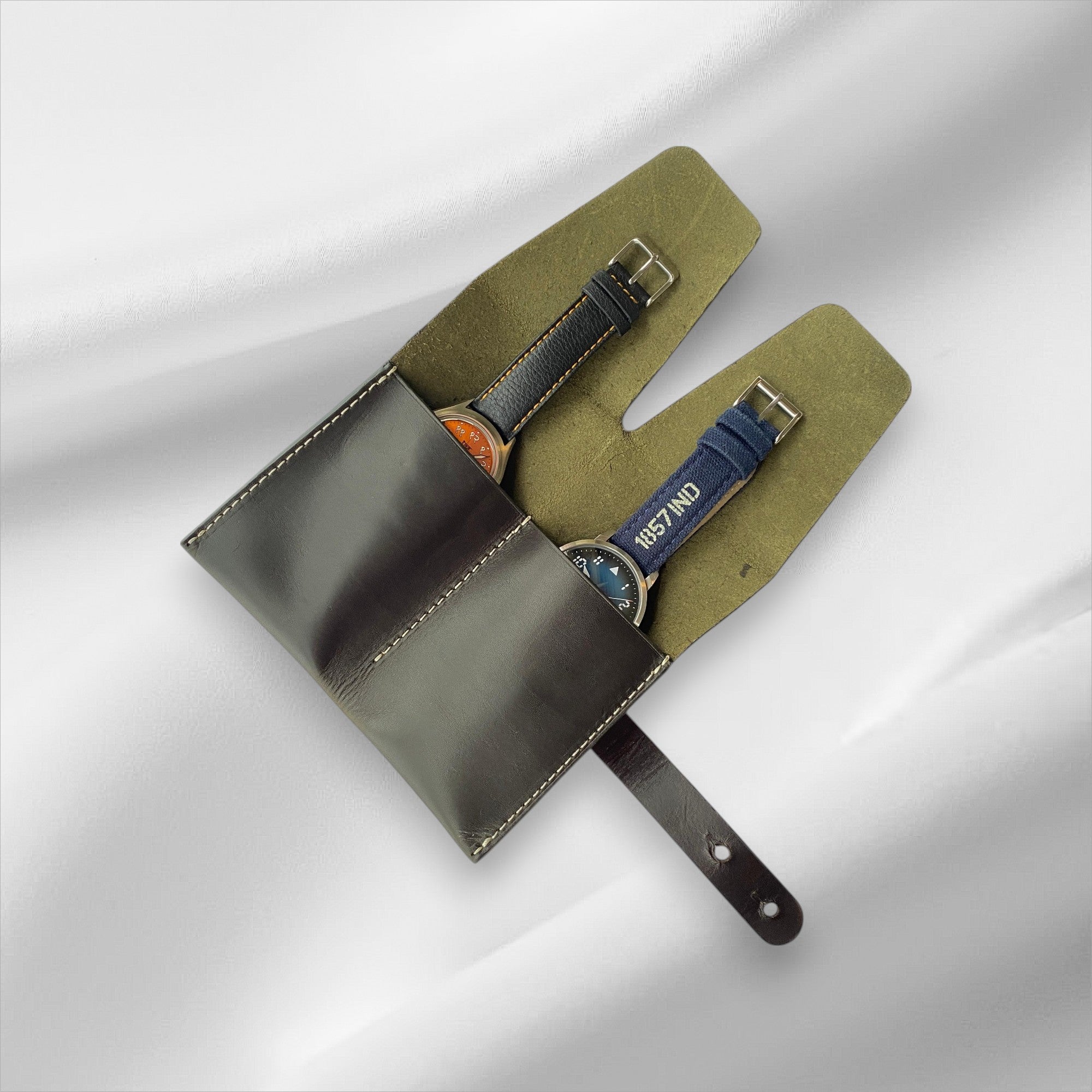 Olive Green full grain leather double watch pouch