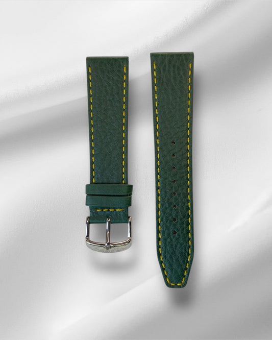 Green bullhide italian leather strap with yellow stitch