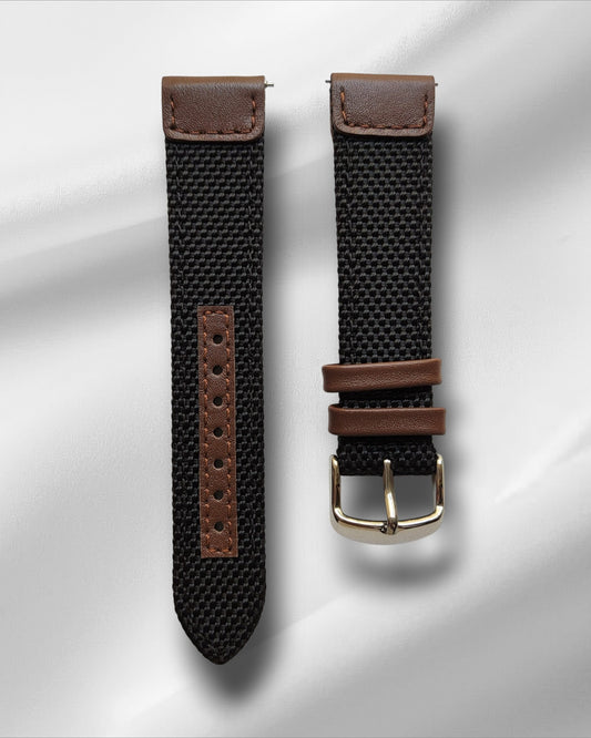 Black Cordura Strap with Brown Leather Accents and Quick Release Spring Bars