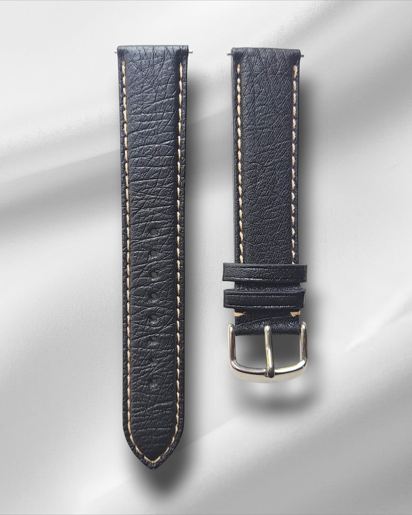 Black Ostrich Leather Strap with Off-White Stitch and Quick Release Spring Bars