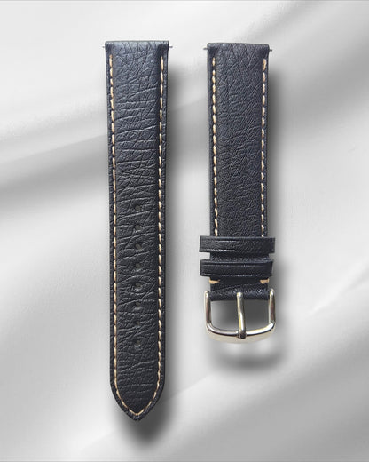 Black Ostrich Leather Strap with Off-White Stitch and Quick Release Spring Bars