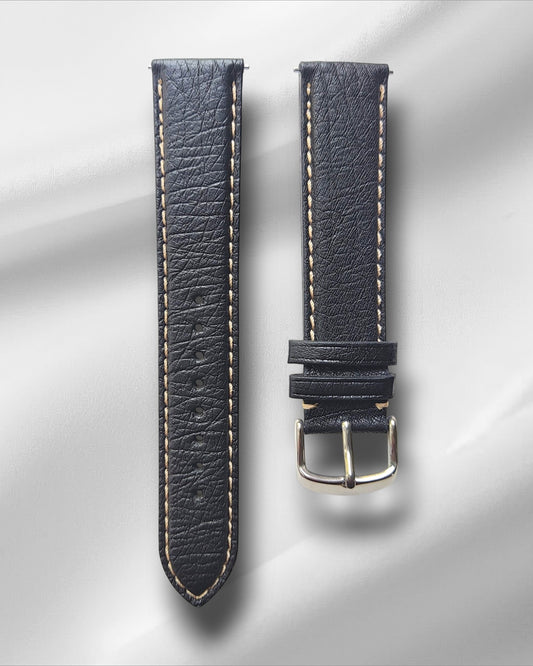 Black Ostrich Leather Strap with Off-White Stitch and Quick Release Spring Bars