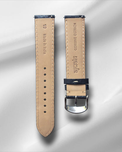Black Ostrich Leather Strap with Off-White Stitch and Quick Release Spring Bars