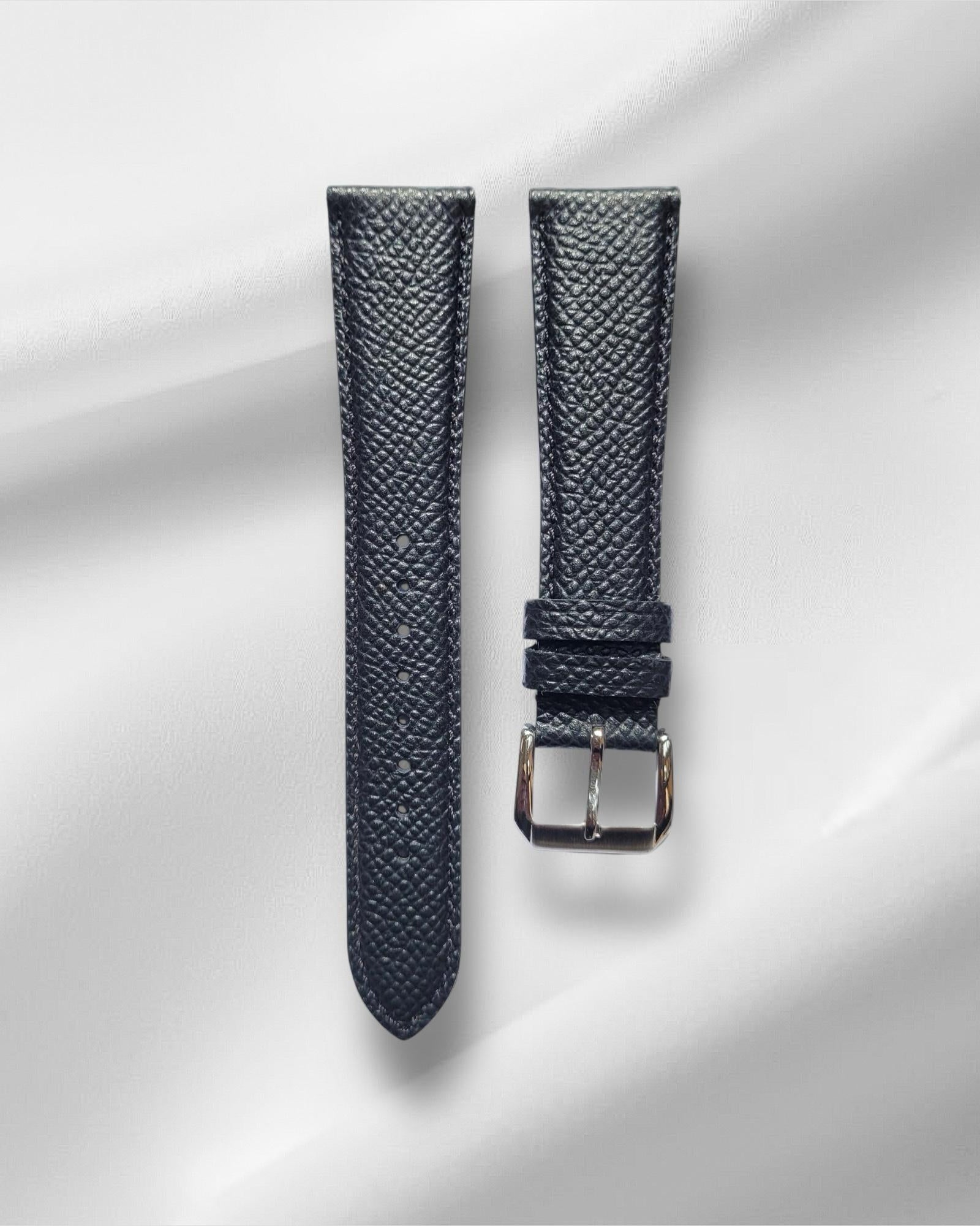 BLack epsom leather strap with distinctive grain pattern