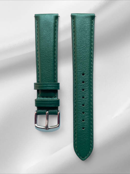 British Green Italian Leather Strap with Self Stitch and Quick Release Spring Bars