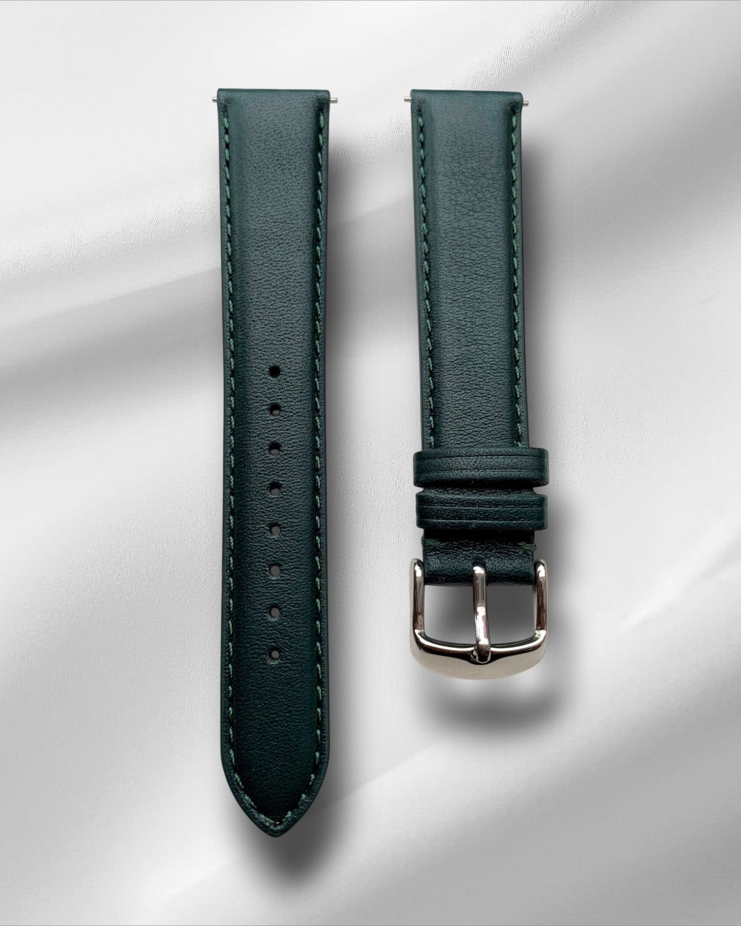 British Green Italian Leather Strap with Self Stitch and Quick Release Spring Bars