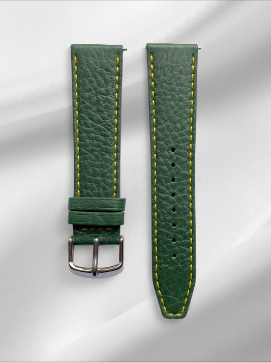 Green bullhide italian leather strap with yellow stitch
