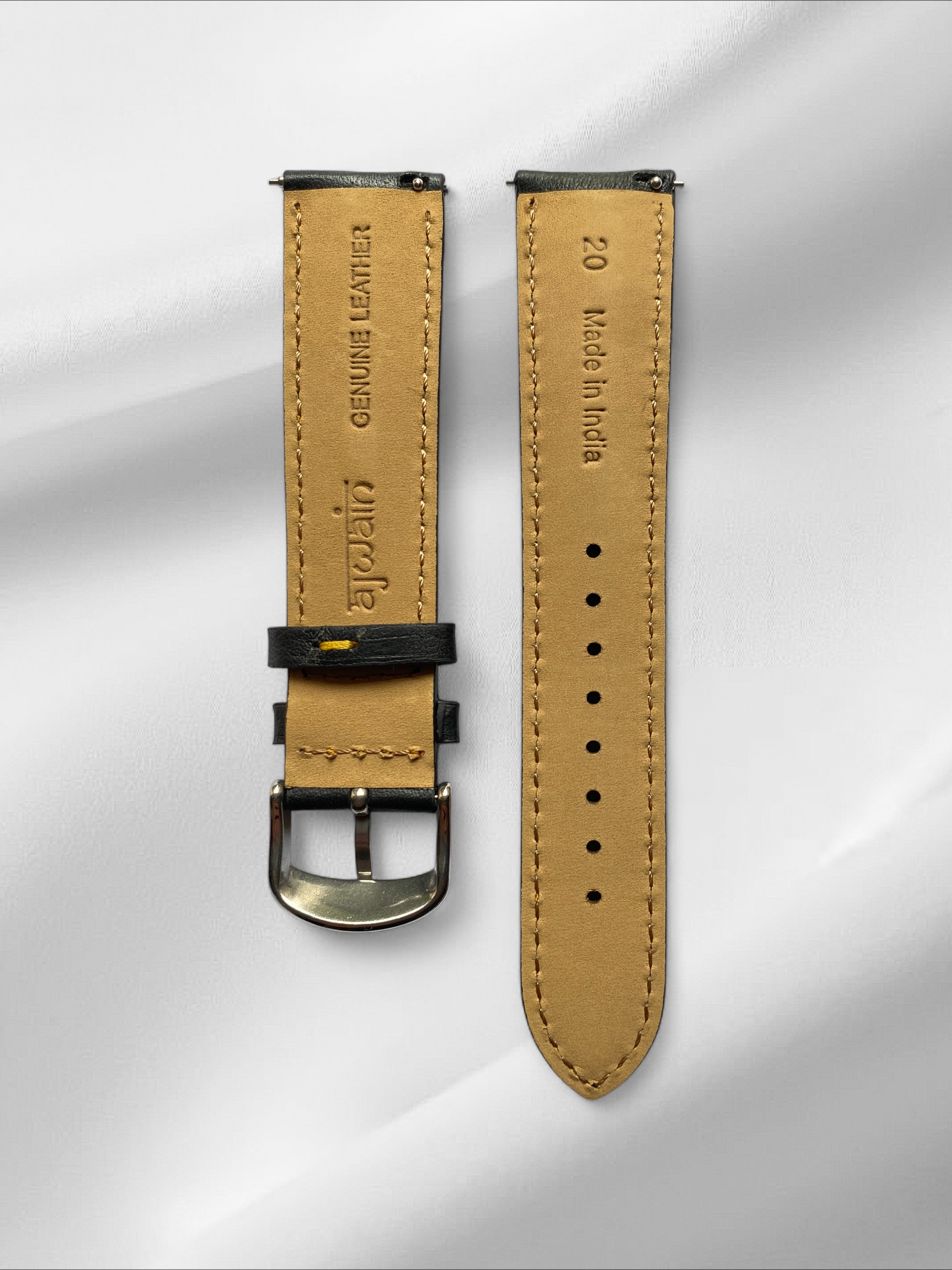 Matt Bull, Black  Italian Leather with yellow stitching and quick-release spring bars
