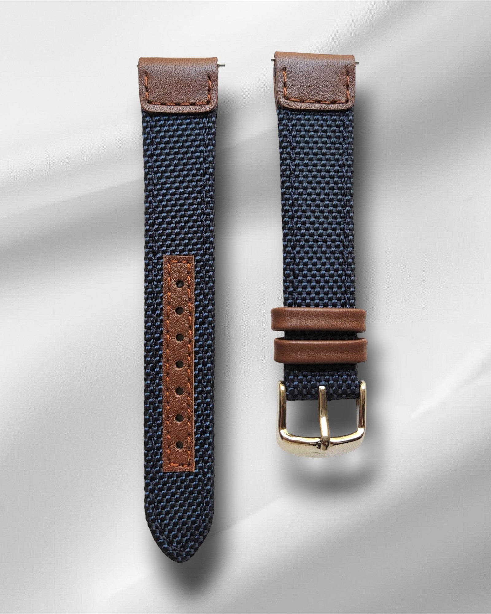 Navy Blue Cordura Watch Strap with Brown Leather Accents and Quick Release Spring Bars