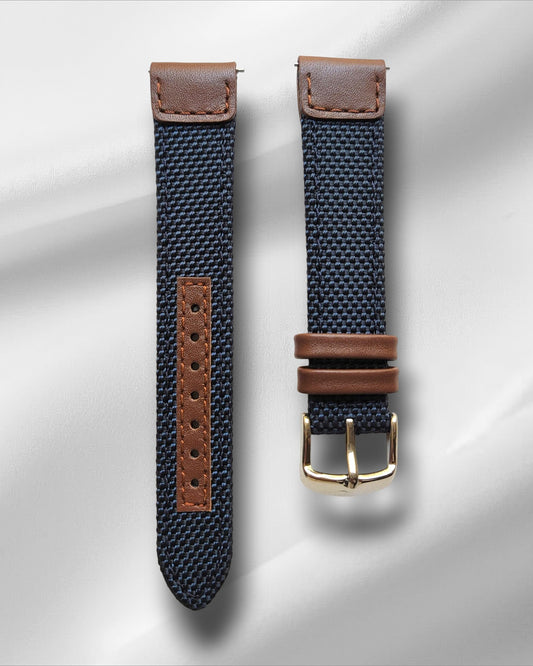 Navy Blue Cordura Watch Strap with Brown Leather Accents and Quick Release Spring Bars