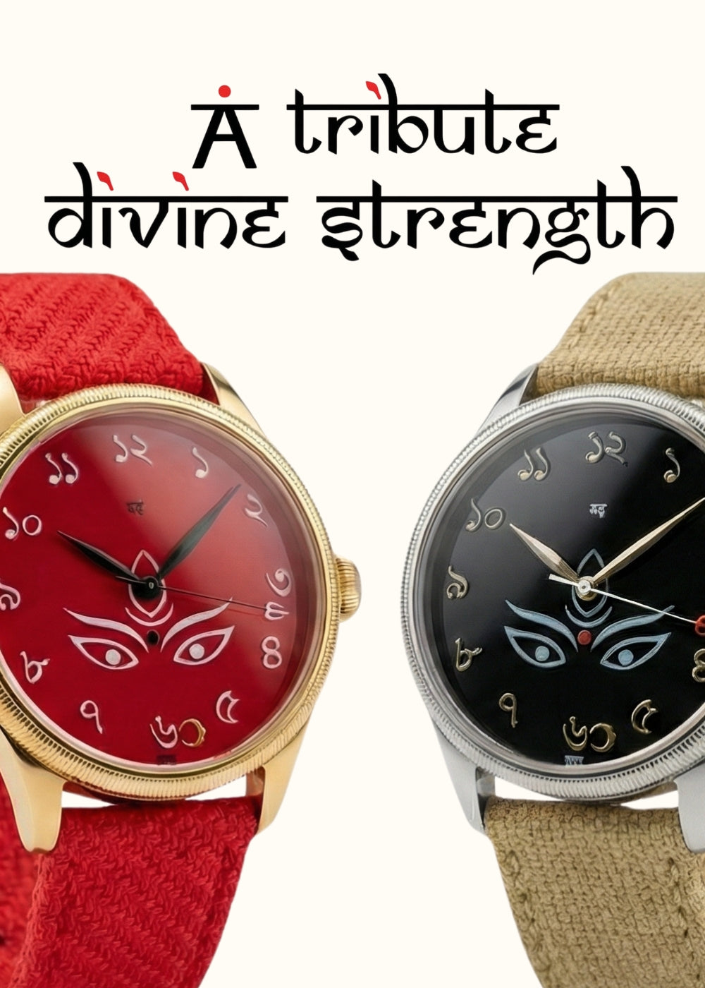 Two watches with red and beige straps and face designs, with text 'A tribute divine strength'.