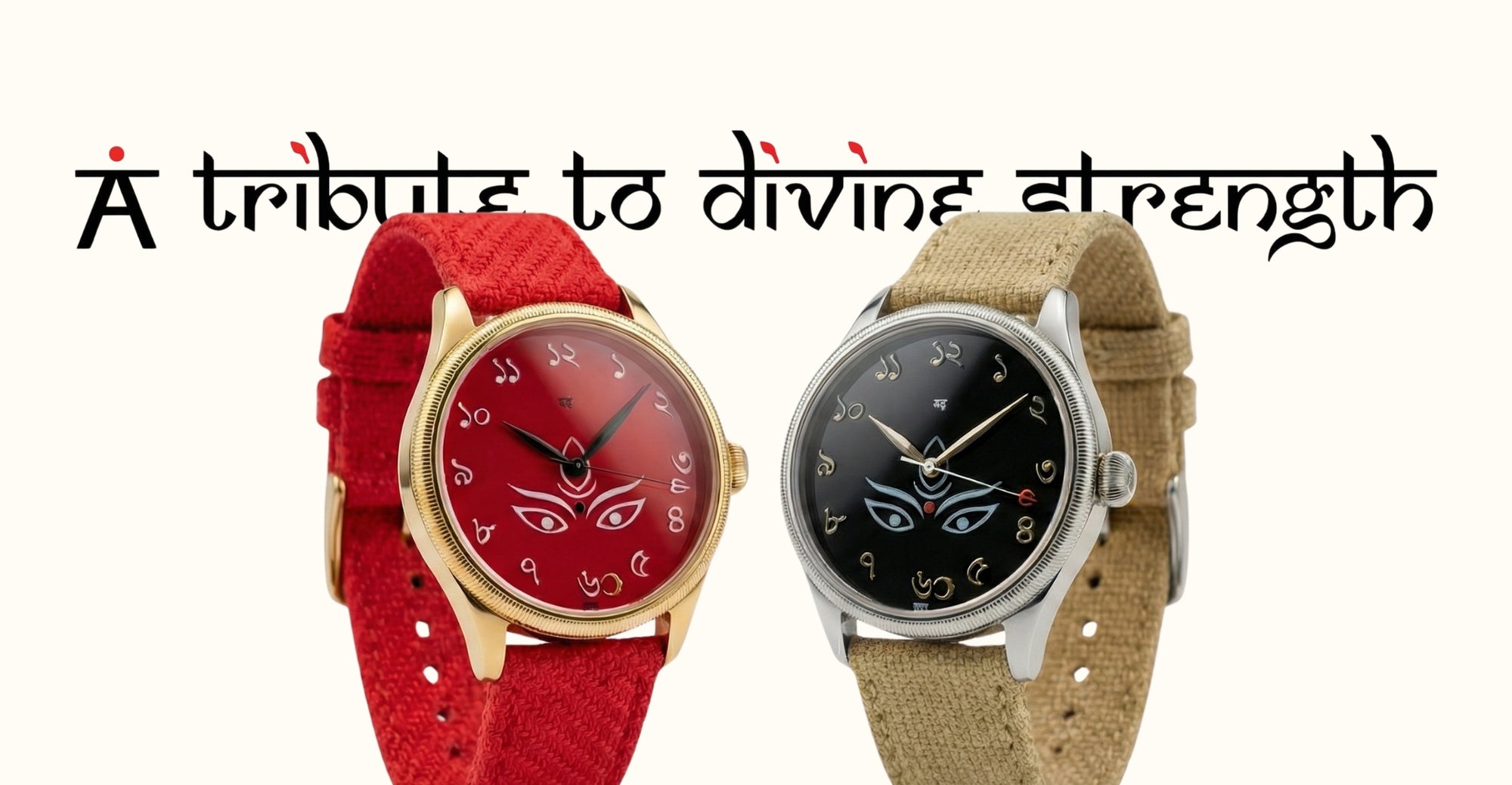Two watches, one with a red strap and gold case, the other with a brown strap and silver case, on a white background with text 'A tribute to divine strength'.