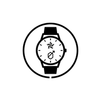 Black and white icon of a wristwatch with a circular border