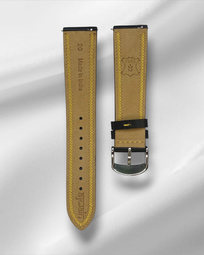 Black Tuscany leather strap with yellow stitching