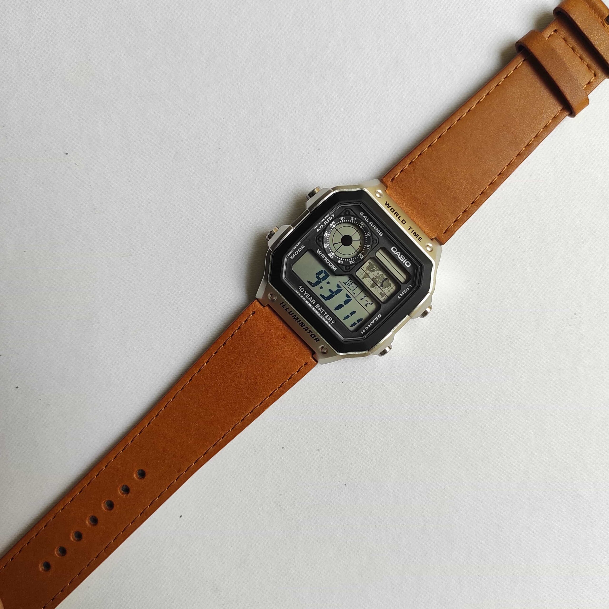 Fitted Tan Leather Strap the Casio AE1200 - Ajwain watches