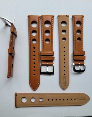 Ajwain tan racer watch strap made with Italian leather and quick release spring bars.