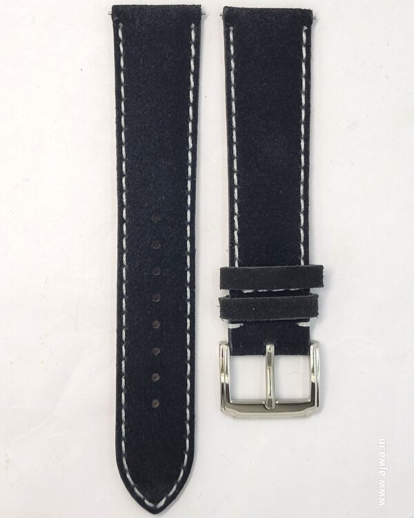 Ajwain Black suede watch strap with white stitch front