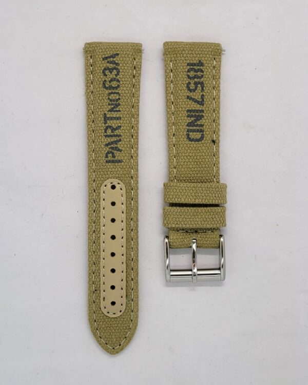 Ajwain vegan watch strap in khaki canvas with quick release spring bars front